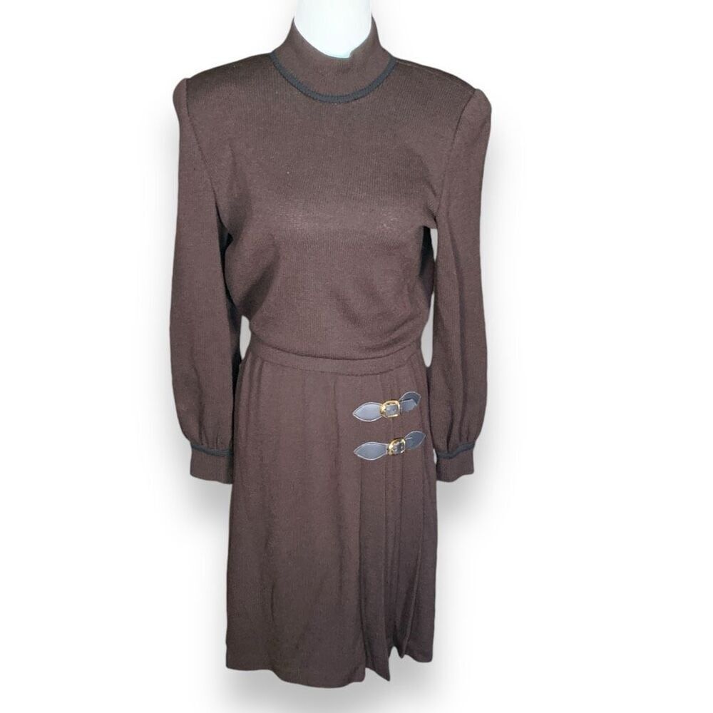 Vintage 80s St. John Collection Santana Knit Dress Brown Pleated Belted Skirt